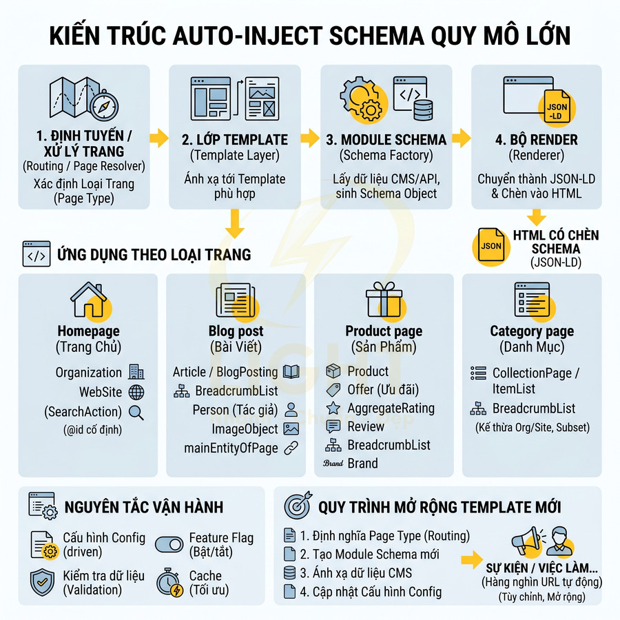 Sơ đồ kiến trúc auto inject schema JSON LD quy mô lớn cho các loại trang web khác nhau