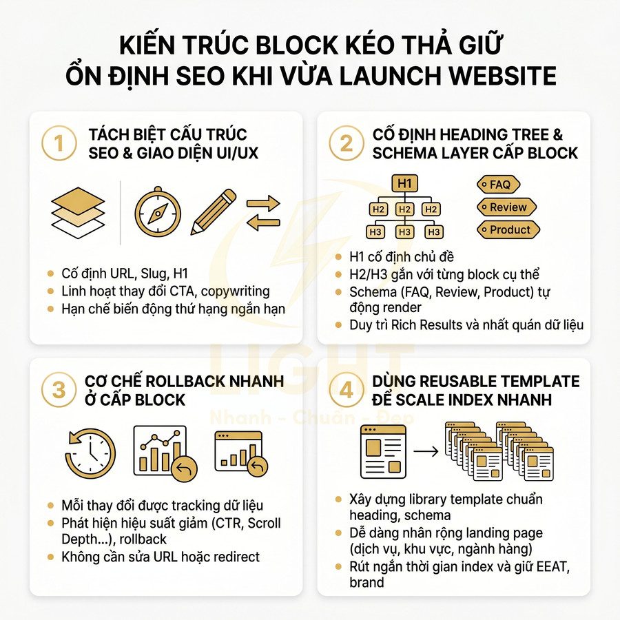 Infographic kiến trúc block kéo thả giúp ổn định SEO khi launch website với 4 bước tối ưu cấu trúc và nội dung
