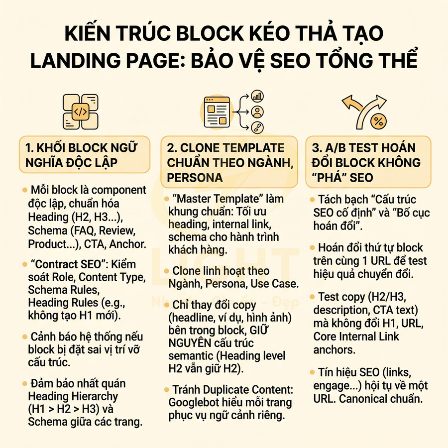 Infographic kiến trúc block kéo thả tạo landing page bảo vệ SEO tổng thể với 3 bước tối ưu nội dung