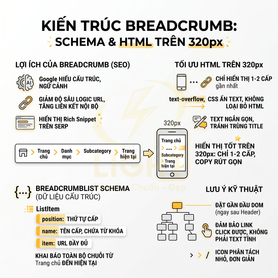 Kiến trúc breadcrumb chuẩn SEO với schema và HTML, hướng dẫn tối ưu hiển thị trên màn hình 320px
