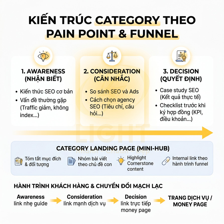 Mô hình kiến trúc category SEO theo pain point và funnel với ba giai đoạn awareness consideration decision