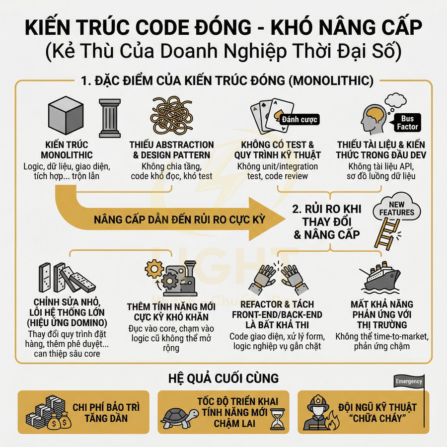 Infographic kiến trúc code đóng monolithic, mô tả rủi ro nâng cấp hệ thống và hậu quả cho doanh nghiệp số