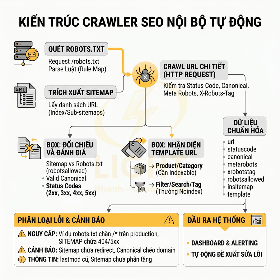 Sơ đồ kiến trúc crawler SEO nội bộ tự động với các bước quét robots txt, sitemap và phân loại lỗi
