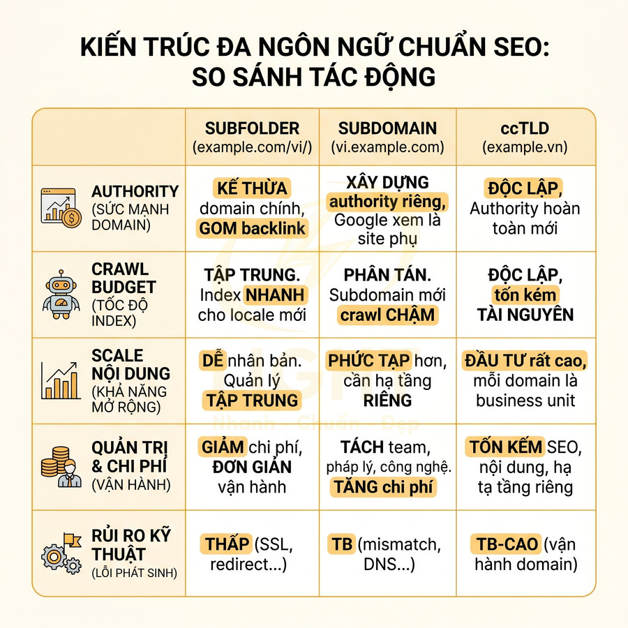 Bảng so sánh kiến trúc đa ngôn ngữ chuẩn SEO giữa subfolder, subdomain và ccTLD theo nhiều tiêu chí