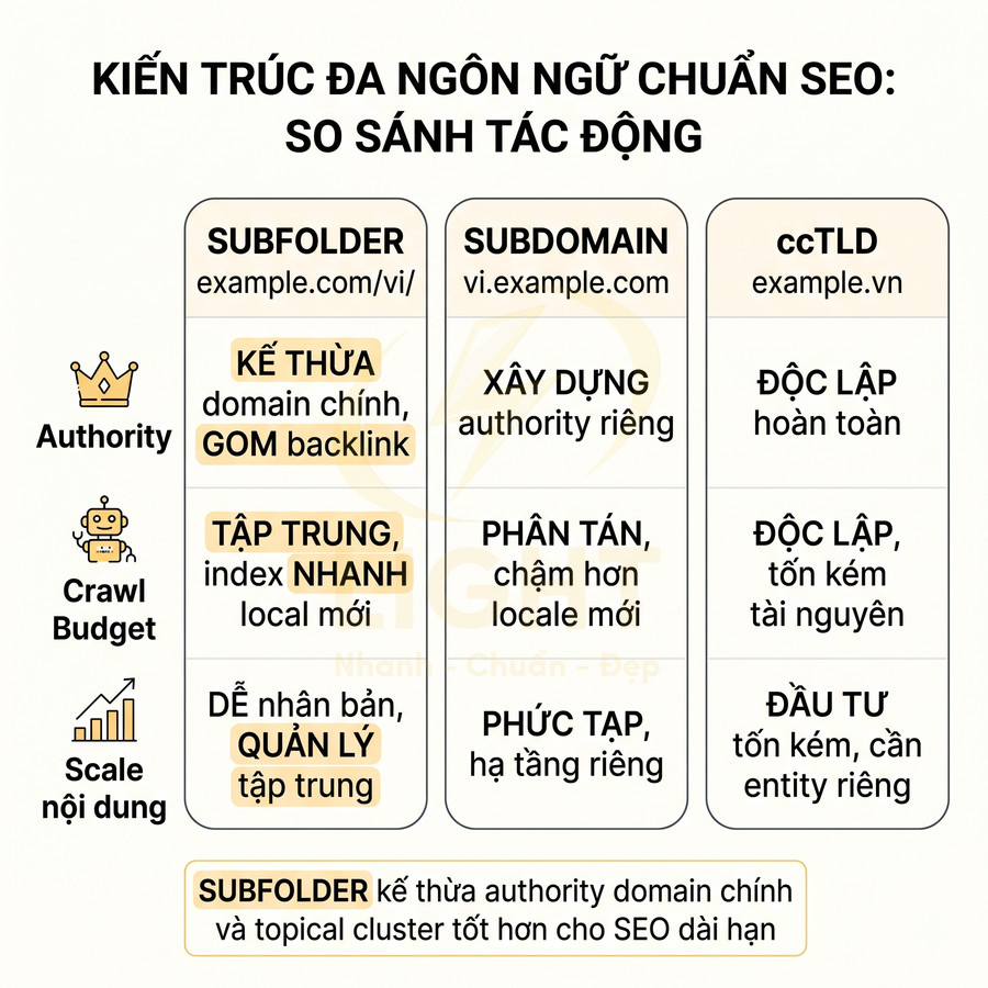 Bảng so sánh SEO đa ngôn ngữ giữa subfolder, subdomain và ccTLD về authority, crawl budget và quản lý nội dung