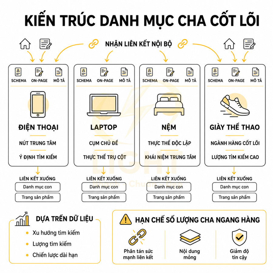 Sơ đồ kiến trúc danh mục cha cốt lõi cho điện thoại laptop nệm giày thể thao trong website thương mại điện tử