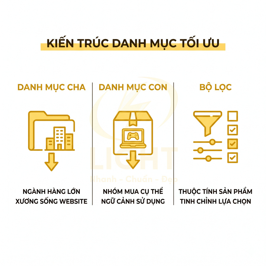 Mô hình kiến trúc danh mục tối ưu với danh mục cha, danh mục con và bộ lọc sản phẩm trên website
