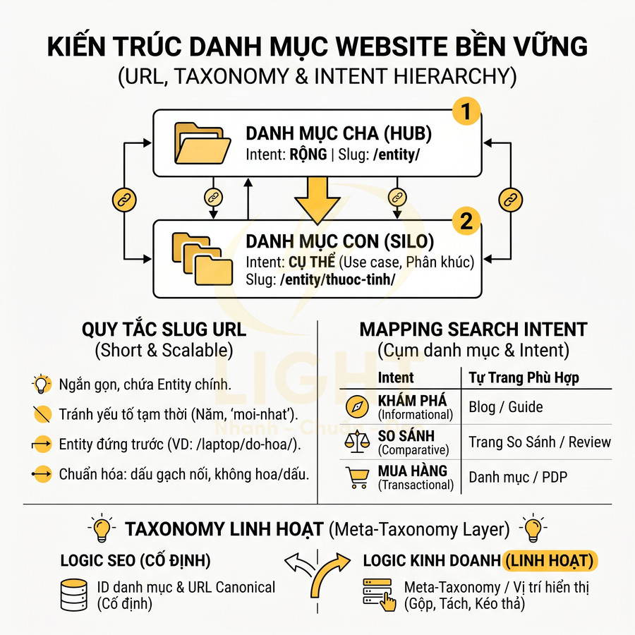 Sơ đồ kiến trúc danh mục website bền vững với danh mục cha con, quy tắc slug URL và mapping search intent