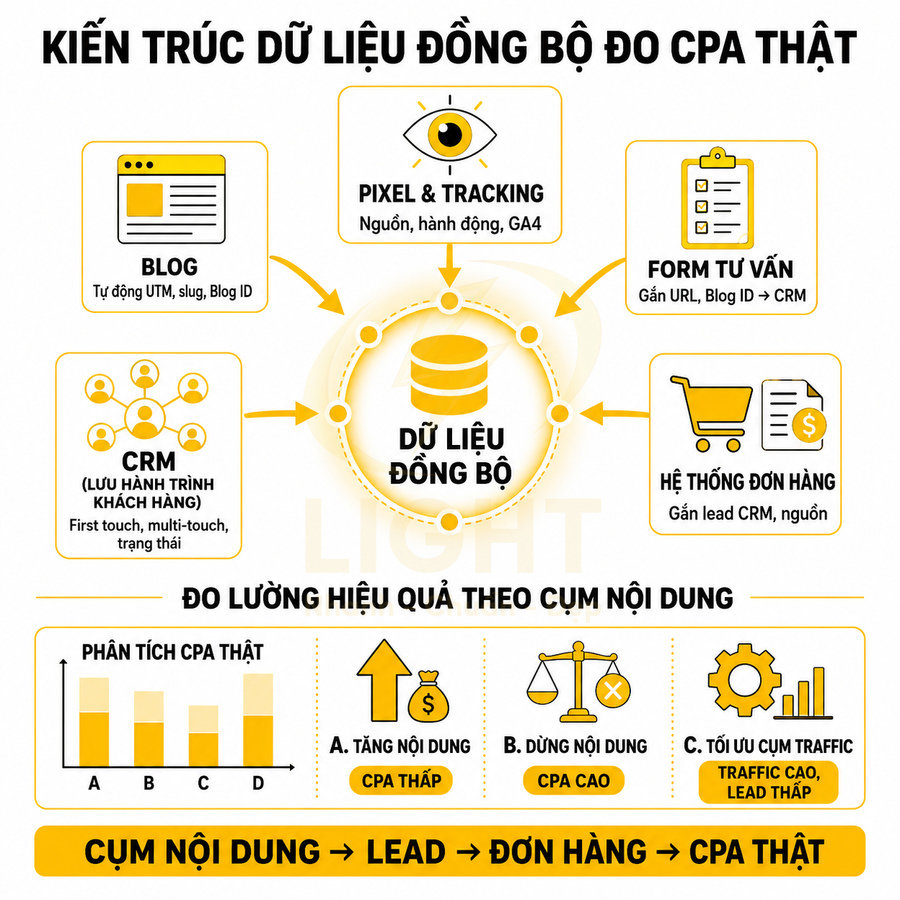Mô hình kiến trúc dữ liệu đồng bộ đo CPA thật với blog, CRM, pixel, form tư vấn và hệ thống đơn hàng