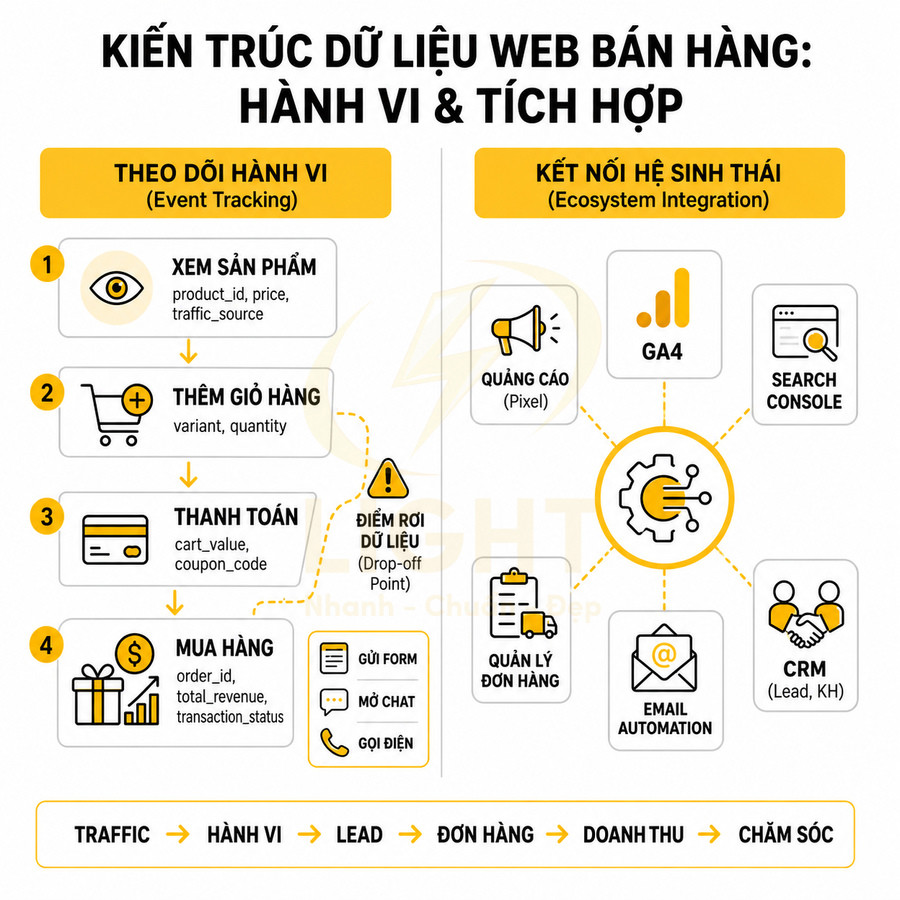 Sơ đồ kiến trúc dữ liệu web bán hàng theo dõi hành vi khách hàng và tích hợp hệ sinh thái marketing