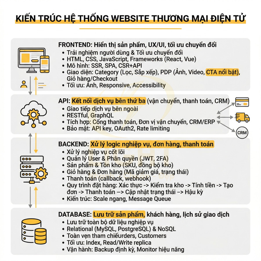 Sơ đồ kiến trúc hệ thống website thương mại điện tử với frontend, API, backend và database