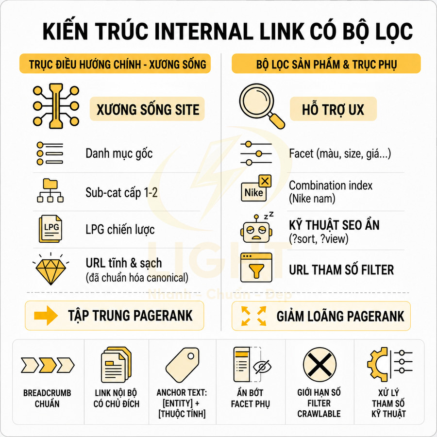 Sơ đồ kiến trúc internal link có bộ lọc tối ưu SEO với xương sống site và bộ lọc sản phẩm, hỗ trợ UX