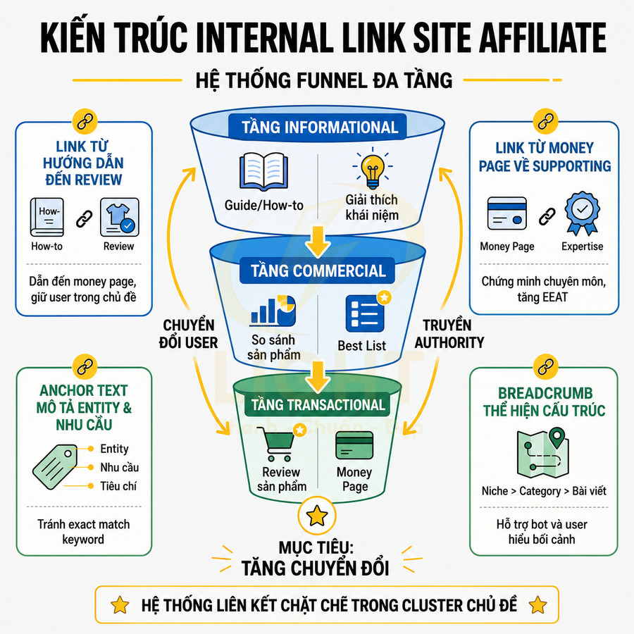 Sơ đồ kiến trúc internal link cho site affiliate với funnel đa tầng tối ưu chuyển đổi và cấu trúc liên kết