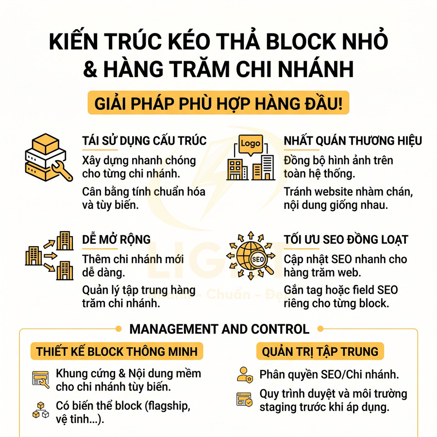 Infographic kiến trúc kéo thả block nhỏ giúp quản lý hàng trăm chi nhánh và tối ưu SEO đồng loạt cho website