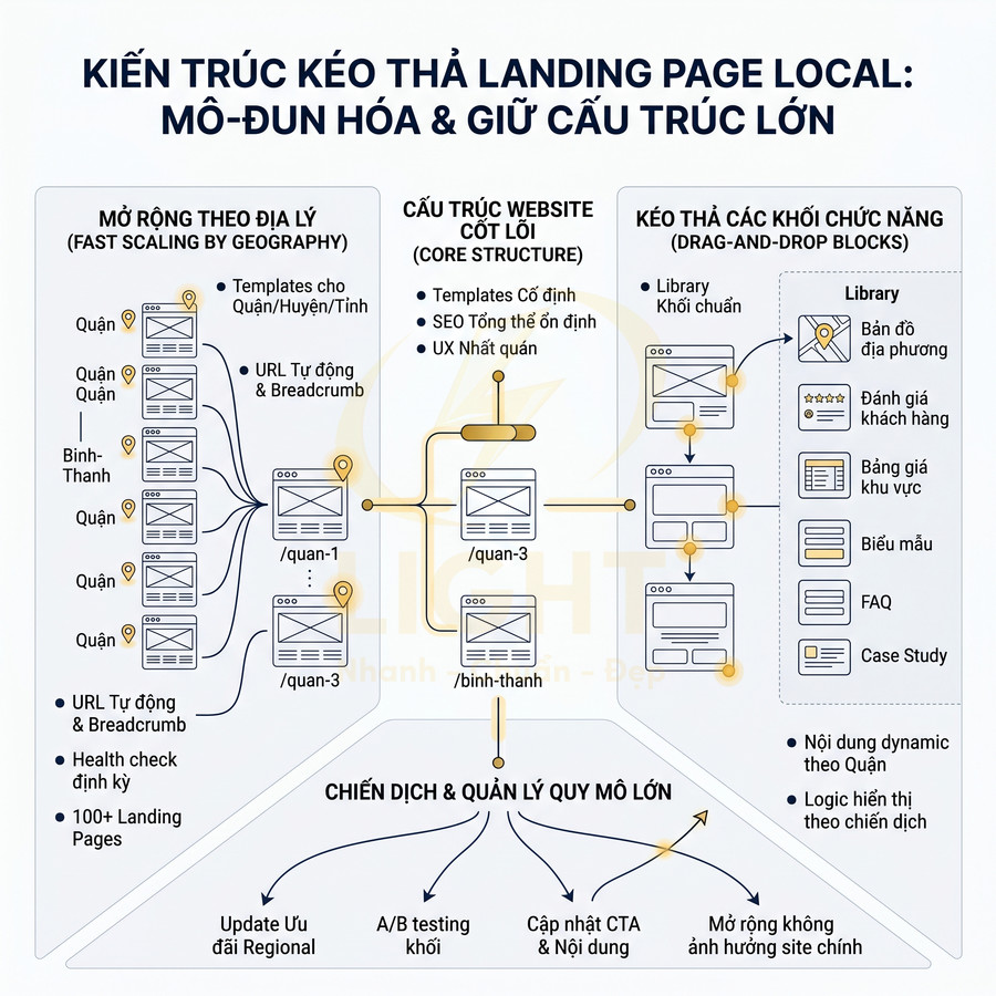 Sơ đồ kiến trúc kéo thả landing page local mô đun hóa và mở rộng theo địa lý cho chiến dịch marketing