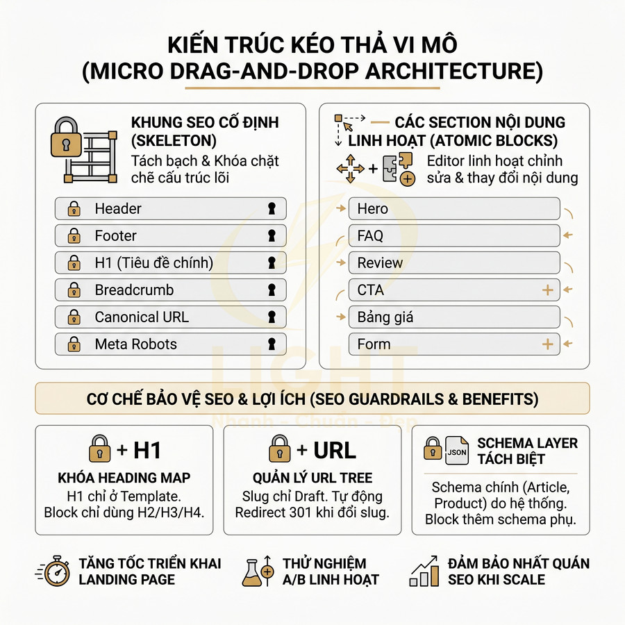 Mô hình kiến trúc kéo thả vi mô cho landing page với khung SEO cố định và các block nội dung linh hoạt