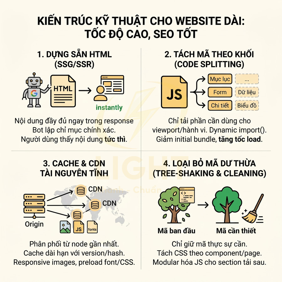 Infographic kiến trúc kỹ thuật tối ưu tốc độ và SEO cho website dài với HTML sẵn, code splitting, cache CDN, tree shaking