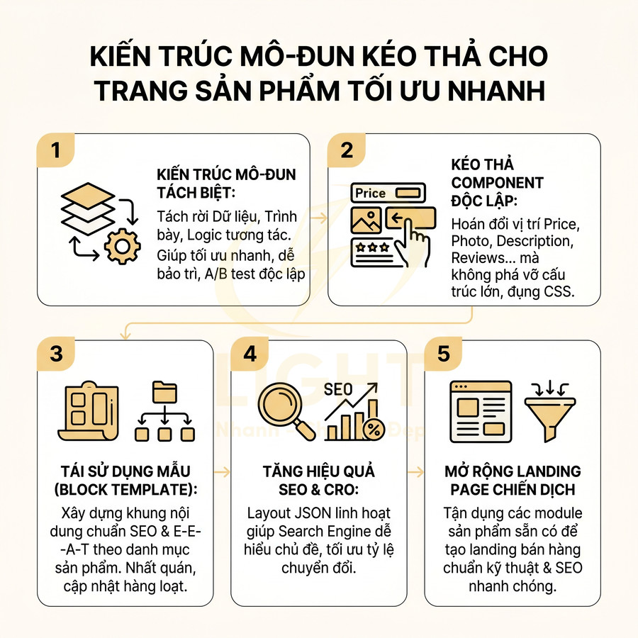 Infographic kiến trúc mô-đun kéo thả tối ưu nhanh cho trang sản phẩm, tăng hiệu quả SEO và landing page bán hàng