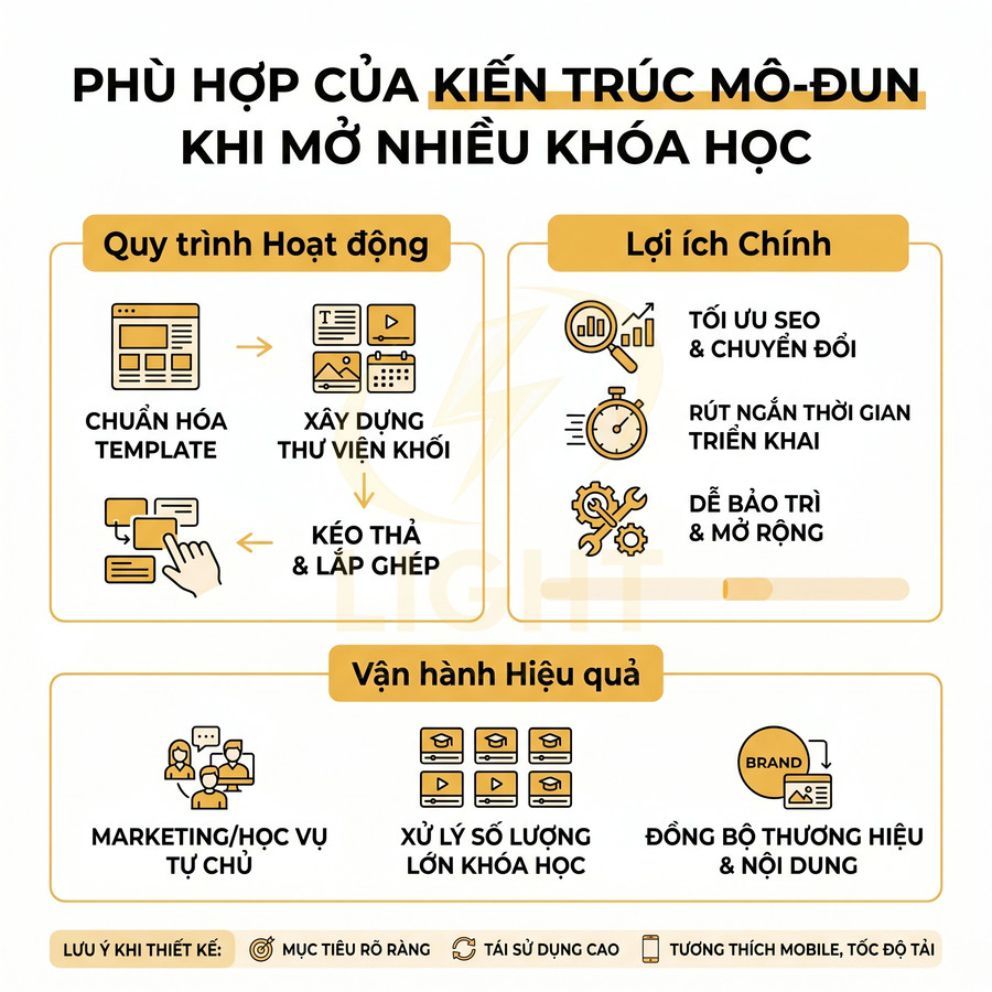 Infographic kiến trúc mô đun cho hệ thống mở nhiều khóa học, nêu quy trình, lợi ích và vận hành hiệu quả