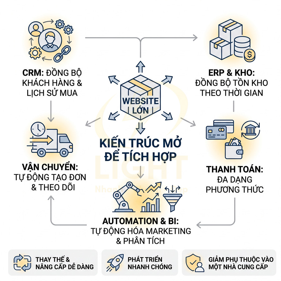 Mô hình kiến trúc mở tích hợp website lớn với CRM, ERP kho, vận chuyển, thanh toán và automation BI cho doanh nghiệp