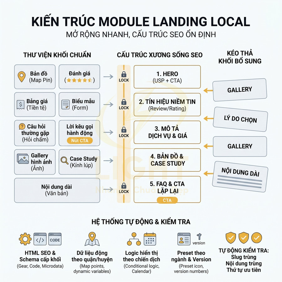 Sơ đồ kiến trúc module landing page local với thư viện khối chuẩn và hệ thống tự động kiểm tra SEO