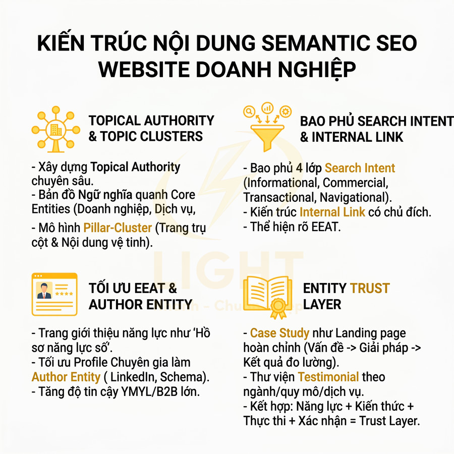 Infographic kiến trúc nội dung semantic SEO cho website doanh nghiệp với các bước tối ưu topical authority và EEAT