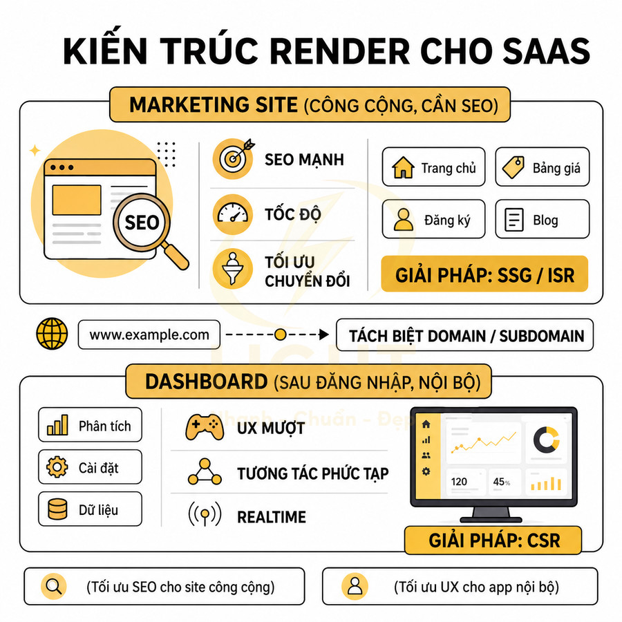 Sơ đồ kiến trúc render cho SaaS với marketing site tối ưu SEO và dashboard nội bộ realtime