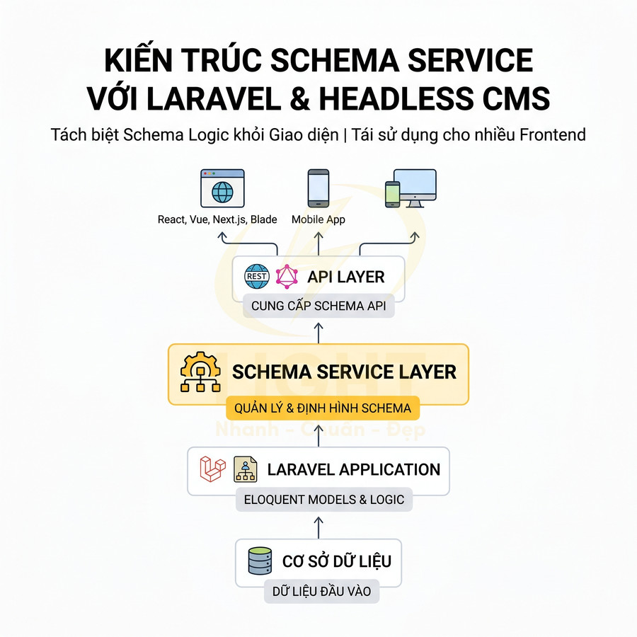 Sơ đồ kiến trúc Schema Service với Laravel và Headless CMS, gồm database, Laravel app, schema layer và API cho nhiều frontend