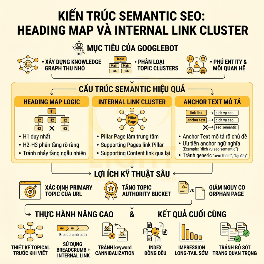 Infographic kiến trúc semantic SEO với heading map, internal link cluster và anchor text mô tả tối ưu cho website