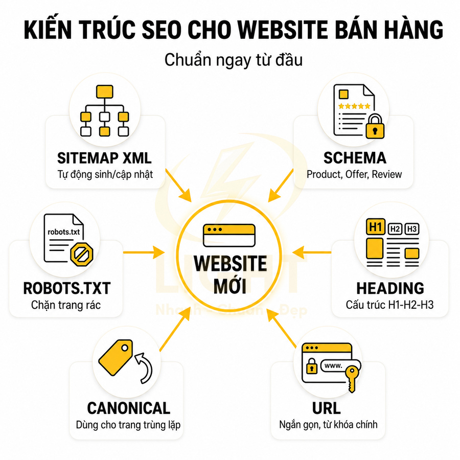 Sơ đồ kiến trúc SEO cho website bán hàng mới với sitemap, robots.txt, schema, heading, canonical và tối ưu URL