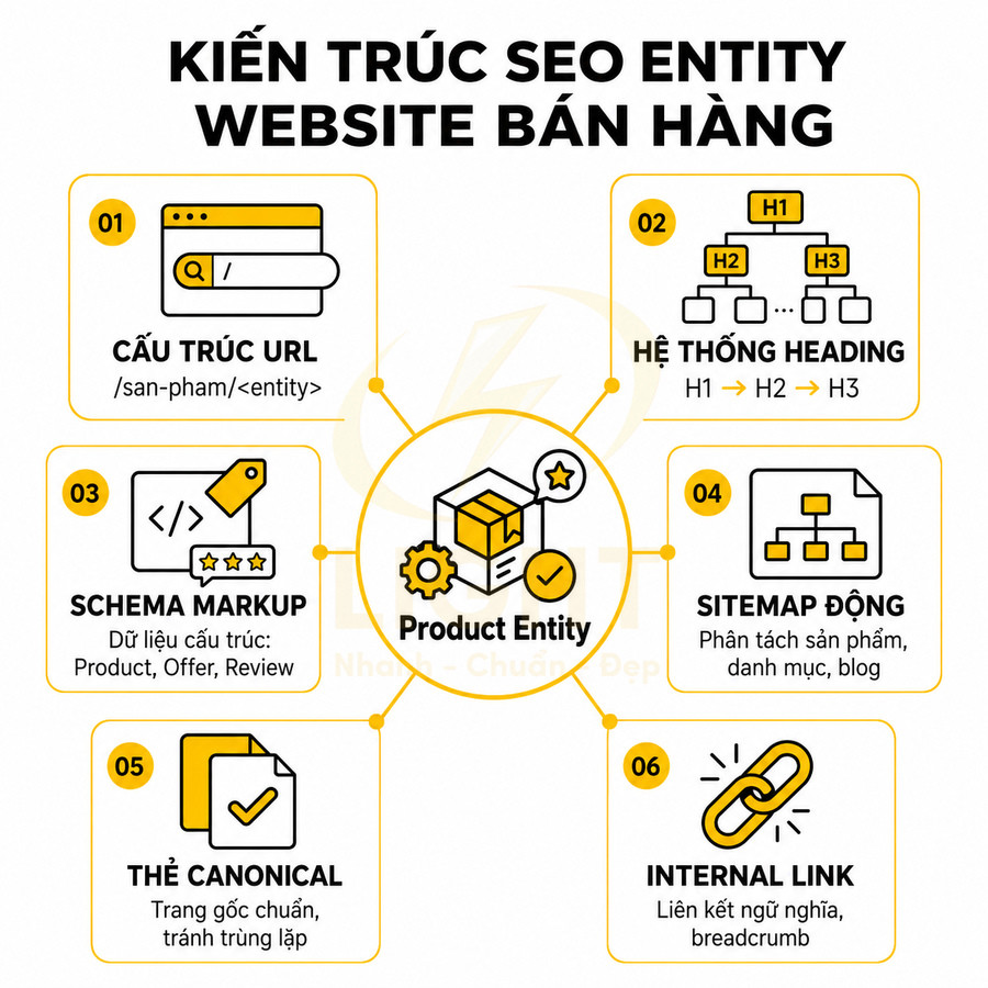 Infographic kiến trúc SEO entity cho website bán hàng với các yếu tố URL, heading, schema, sitemap, canonical, internal link