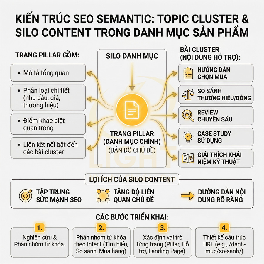 Mô hình kiến trúc SEO semantic với topic cluster và silo content cho danh mục sản phẩm và trang pillar