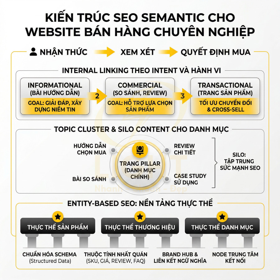 Sơ đồ kiến trúc SEO semantic cho website bán hàng với hành trình nhận thức đến quyết định mua