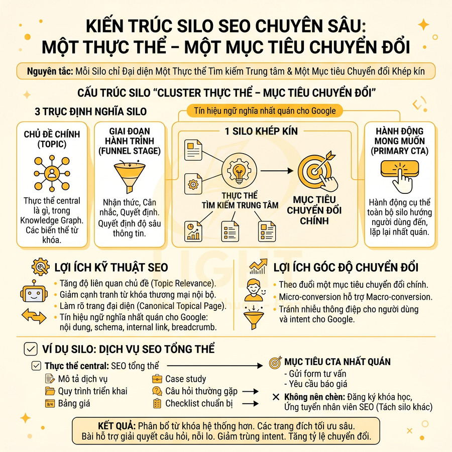 Mô hình kiến trúc silo SEO chuyên sâu với thực thể trung tâm, mục tiêu chuyển đổi và ví dụ silo dịch vụ SEO tổng thể