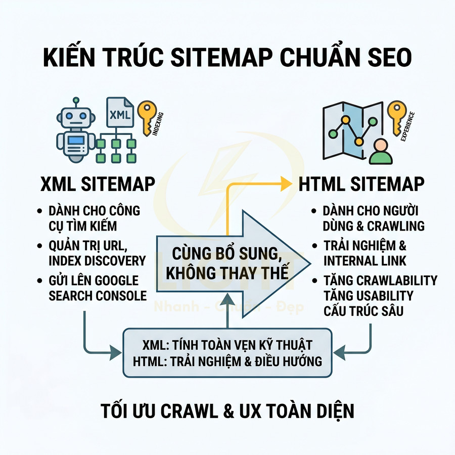 Kiến trúc sitemap chuẩn SEO so sánh XML sitemap và HTML sitemap, tối ưu crawl và trải nghiệm người dùng