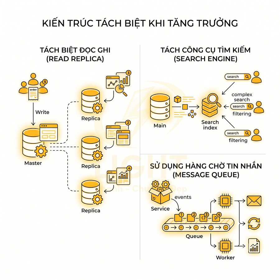 Sơ đồ kiến trúc tách biệt khi tăng trưởng với read replica, search engine và message queue trong hệ thống backend