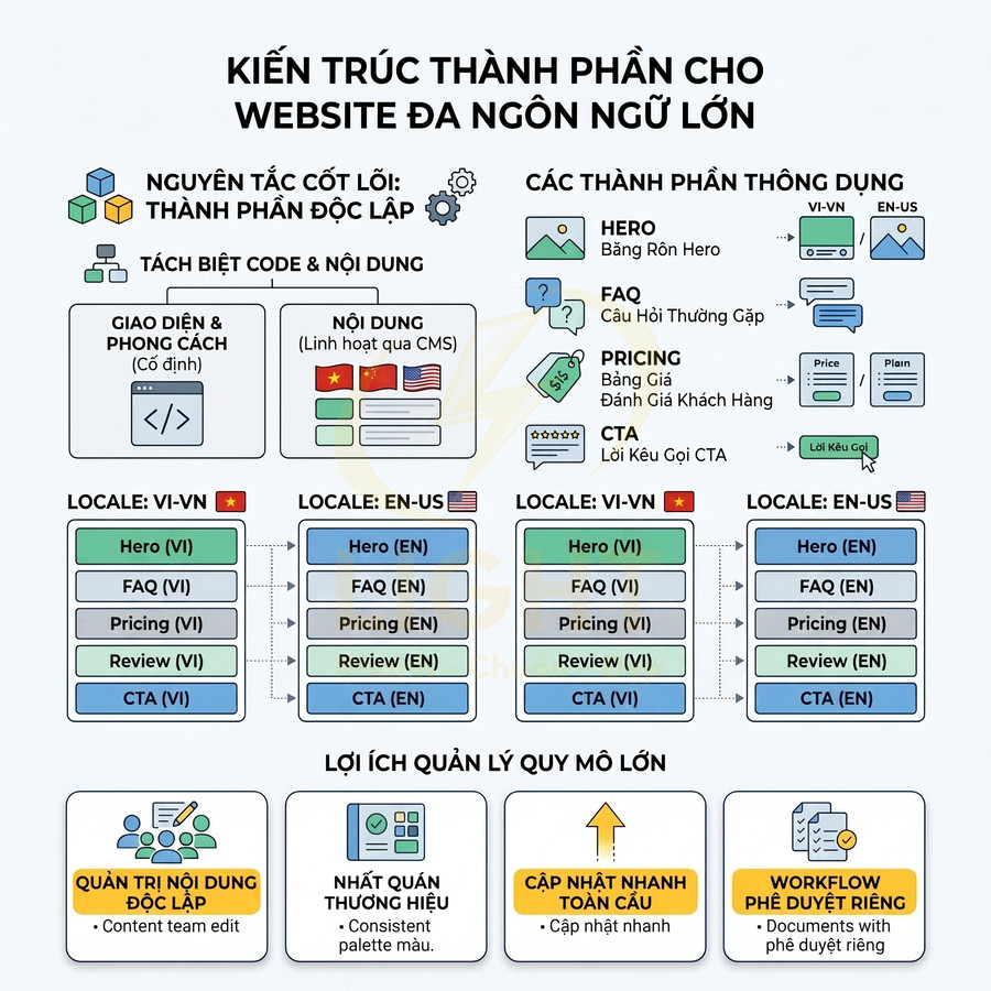 Sơ đồ kiến trúc thành phần cho website đa ngôn ngữ với các block Hero, FAQ, Pricing, CTA và lợi ích quản lý nội dung