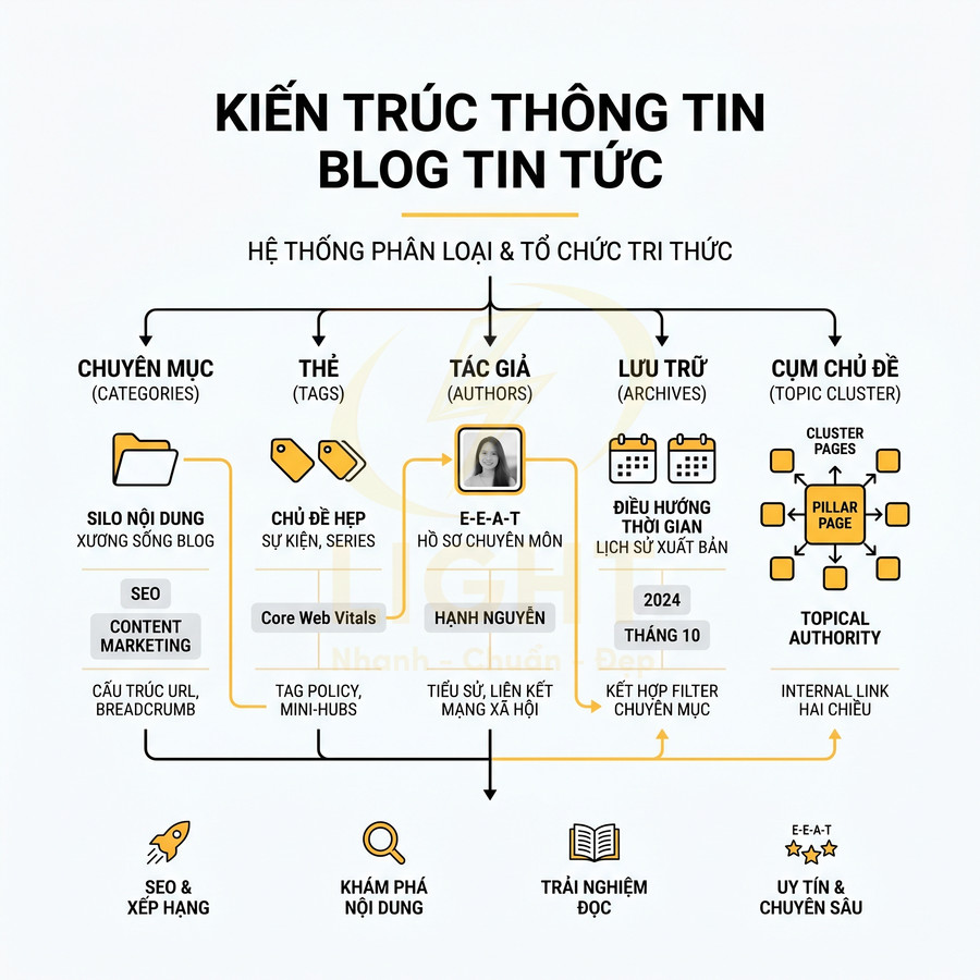 Sơ đồ kiến trúc thông tin blog tin tức với chuyên mục, thẻ, tác giả, lưu trữ và cụm chủ đề phục vụ SEO
