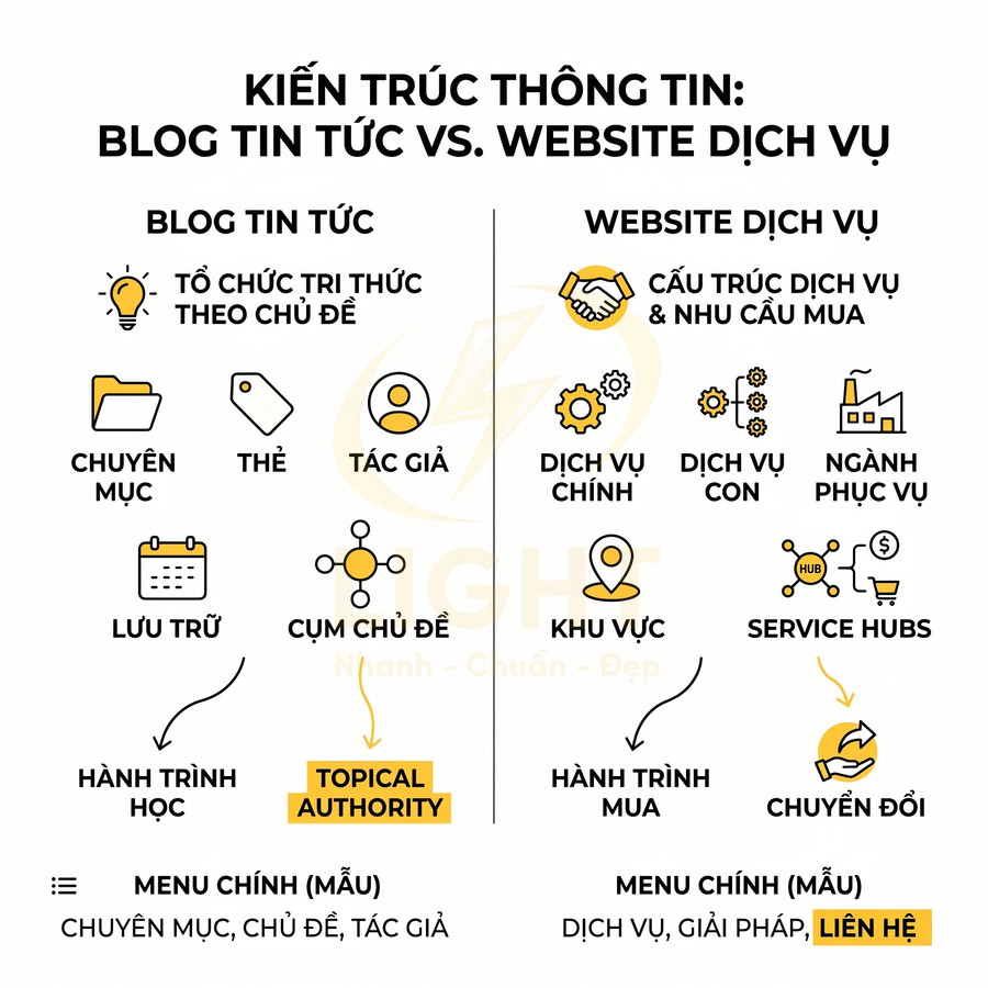 So sánh kiến trúc thông tin blog tin tức và website dịch vụ với các mục, hành trình học và hành trình mua