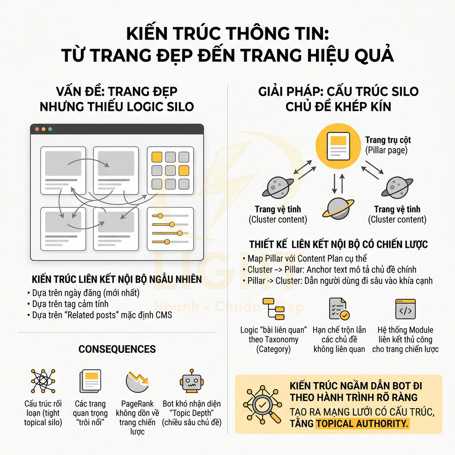 Infographic kiến trúc thông tin website với cấu trúc silo, trang trụ cột và trang vệ tinh tối ưu SEO