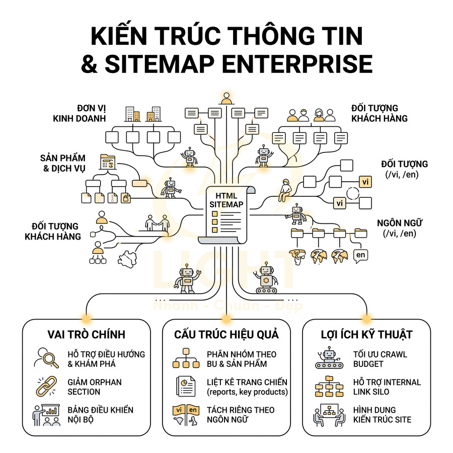 Sơ đồ kiến trúc thông tin và HTML sitemap enterprise với vai trò, cấu trúc hiệu quả và lợi ích kỹ thuật