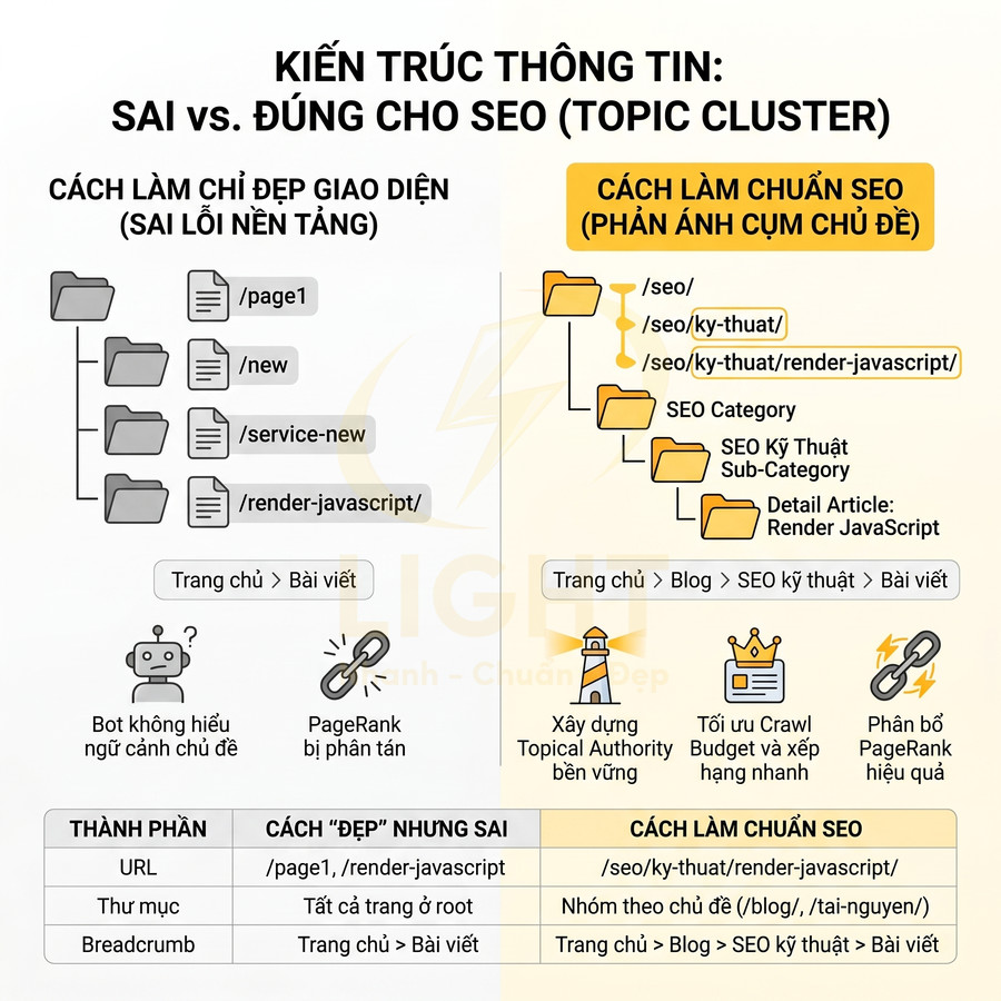 So sánh cấu trúc URL sai và đúng cho SEO, minh họa topic cluster và cách tổ chức chuyên mục SEO