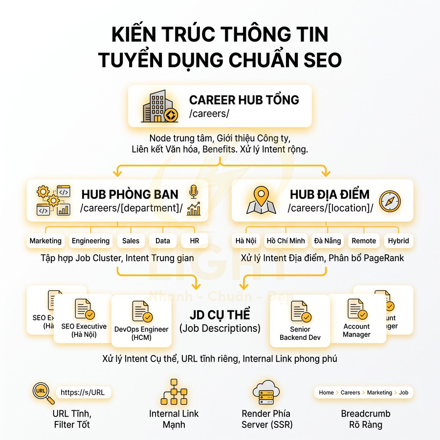 Sơ đồ kiến trúc thông tin trang tuyển dụng chuẩn SEO với career hub, hub phòng ban, hub địa điểm và JD cụ thể