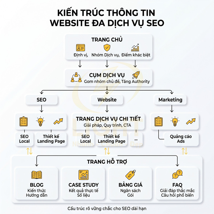 Sơ đồ kiến trúc thông tin website đa dịch vụ SEO với trang chủ, cụm dịch vụ, trang chi tiết và trang hỗ trợ