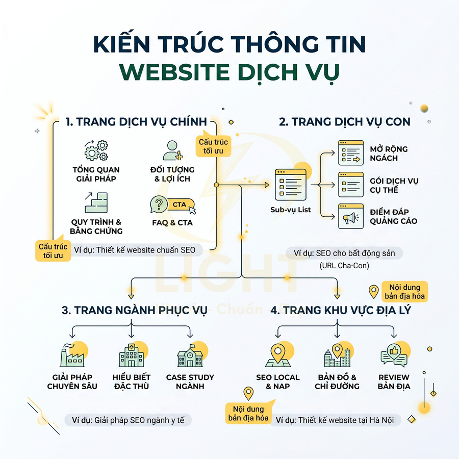 Sơ đồ kiến trúc thông tin website dịch vụ với các loại trang chính, trang con, ngành phục vụ và khu vực địa lý