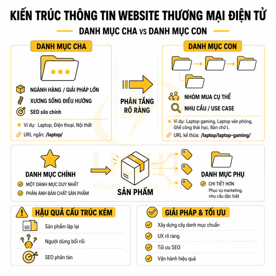 Sơ đồ kiến trúc danh mục cha con và sản phẩm trong website thương mại điện tử để tối ưu SEO