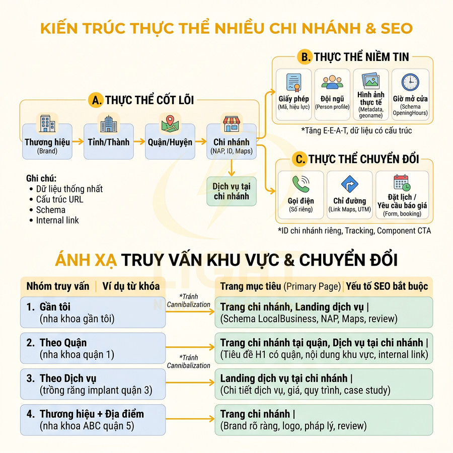 Sơ đồ kiến trúc thực thể nhiều chi nhánh và chiến lược SEO theo khu vực, truy vấn và chuyển đổi