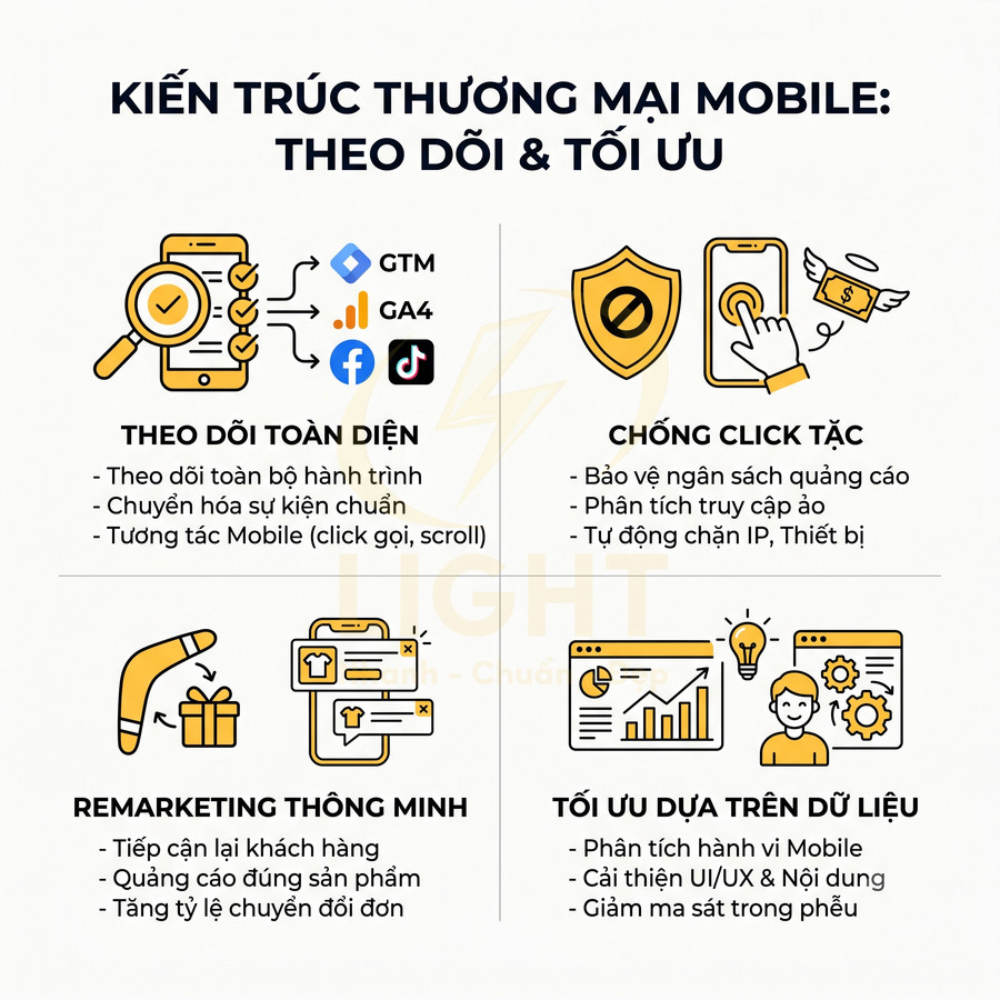 Mô hình kiến trúc thương mại mobile theo dõi tối ưu với GTM GA4 Facebook TikTok chống click tặc remarketing và phân tích dữ liệu