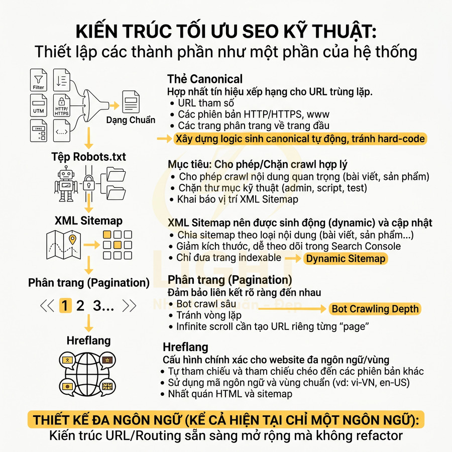 Sơ đồ kiến trúc tối ưu SEO kỹ thuật với canonical, robots.txt, XML sitemap, phân trang và hreflang