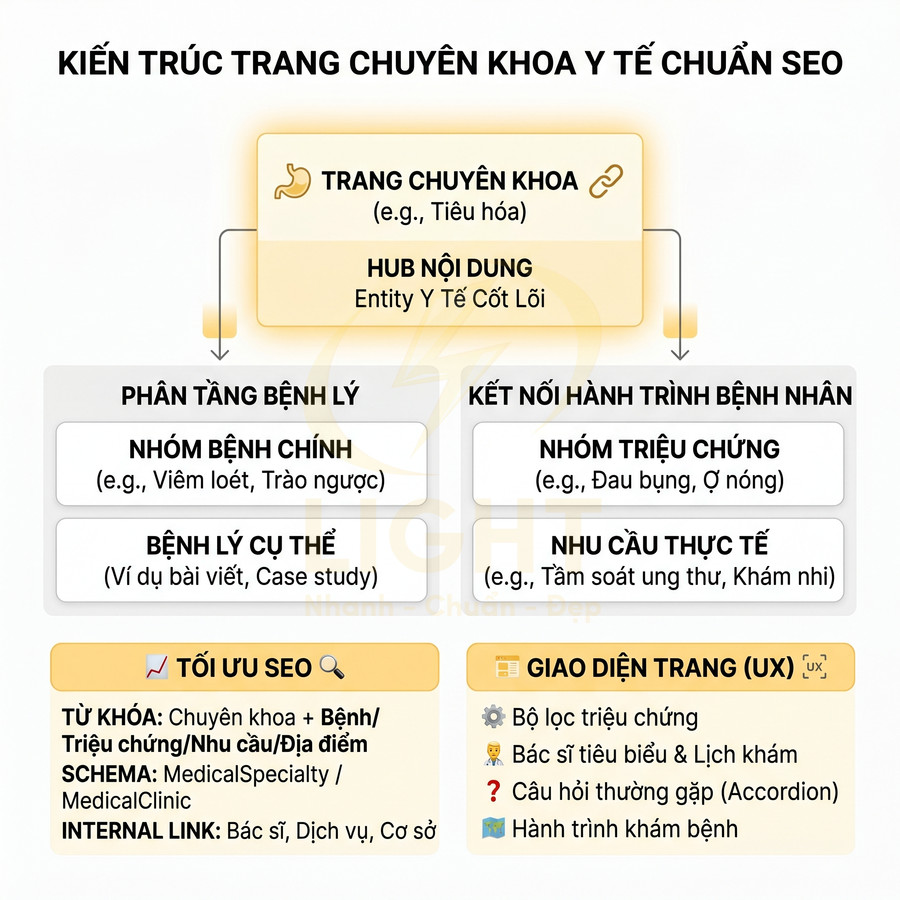 Sơ đồ kiến trúc trang chuyên khoa y tế chuẩn SEO với hub nội dung, phân tầng bệnh lý và kết nối hành trình bệnh nhân
